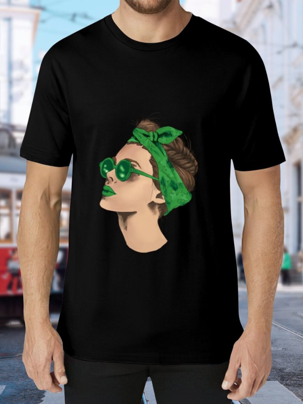 Black Short Sleeve Graphic Tee with Green Headscarf Print
